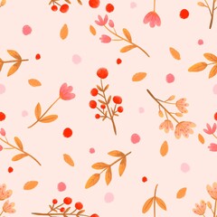 Hand-Drawn Autumn Berries and Flowers Seamless Pattern