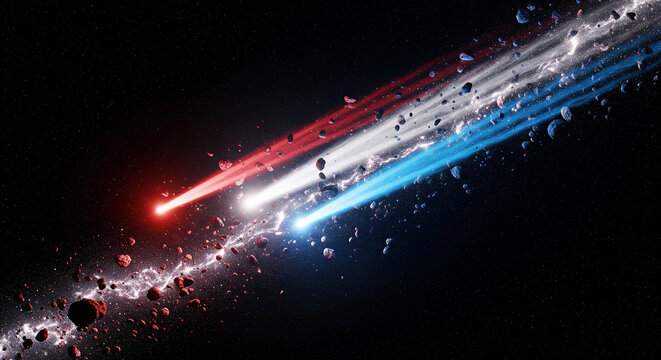 A futuristic, high-speed object with red and blue light trails, a perfect abstract concept for technology, speed, and modern transportation