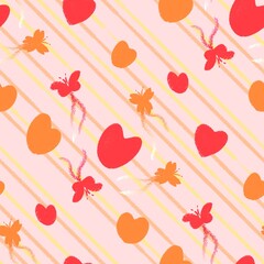 Red and Orange Hearts with Diagonal Stripes Seamless Pattern