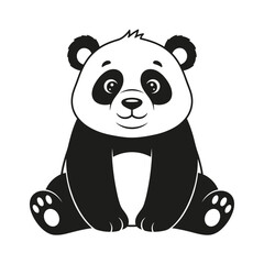 Cute sitting cartoon panda illustration in black and white, smiling on a white background.