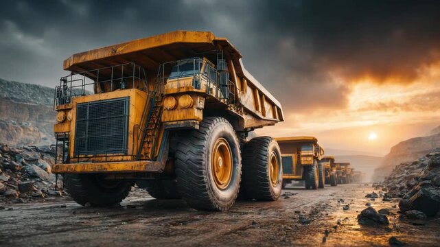 Large, yellow mining trucks in a quarry, lined up under a dramatic, colorful sky at dusk