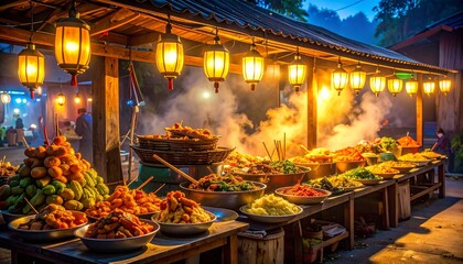 rural night market lantern glow steaming bowls sizzling skewers fresh fried snacks warm atmosphere inviting aroma soft light rustic food stall handmade dishes comforting flavors vibrant textures peace