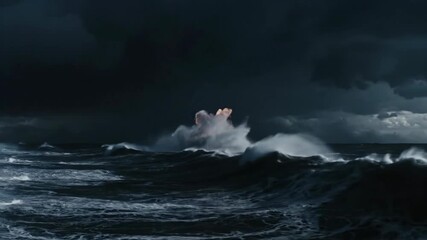 A powerful lightning bolt illuminates the dark sky over a turbulent ocean with large crashing waves and whitecaps during a severe thunderstorm. - Powered by Adobe