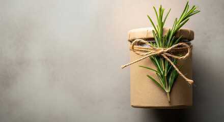 A rustic jar with a blank paper label and a sprig of fresh rosemary, a perfect mockup for handmade, natural, or artisanal products