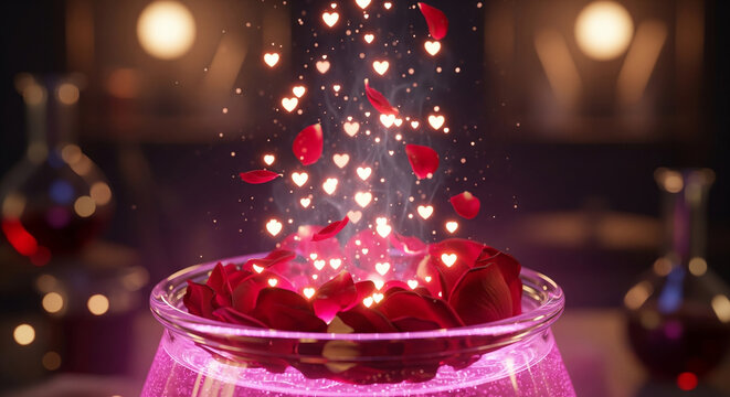 A magical potion brewing with glowing red hearts, a perfect whimsical concept for a love potion, Valentine's Day, or romantic chemistry - Powered by Adobe