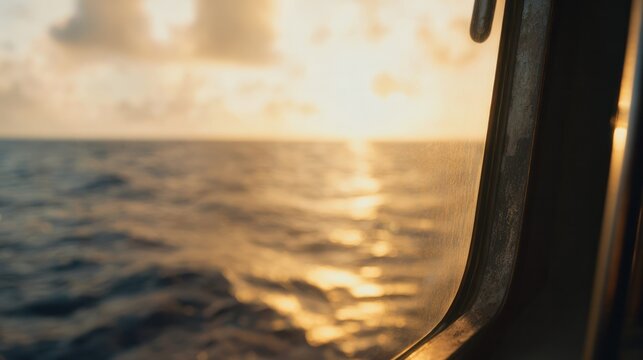 Gentle sunset reflecting across the ocean, seen from the ship&rsquo;s starboard side with soft waves in shallow light. travel brochures, destination guides, maritime branding.