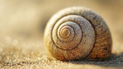 Calcified gastropod shell with delicate whorls on soft sand, morning light emphasizing natural coastal textures.