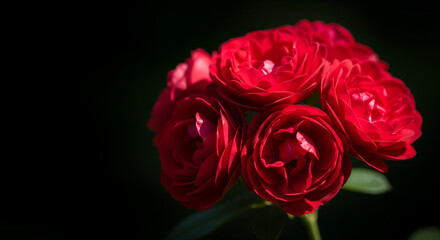 Fototapeta premium A beautiful bouquet of deep red roses against a solid black background, a perfect dramatic and romantic image for love, passion, or memorials