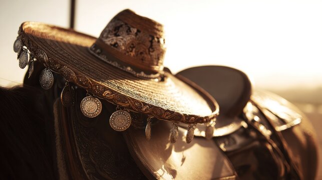 An ornate Mexican charro hat resting on a leather saddle. event programs, museum guides, cultural reports, designed for cultural heritage projects and event programs, used by professors.