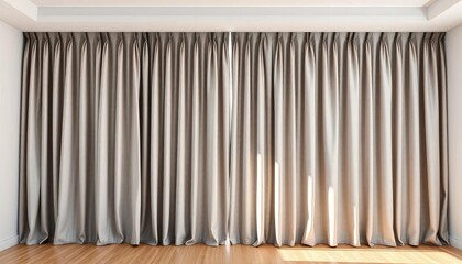 Sleek, floor-length linen curtains in a soft grey, gently draped, gray, isolated