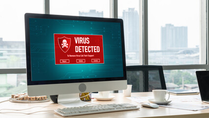 Virus warning alert on computer screen detected modish cyber threat , hacker, computer virus and malware