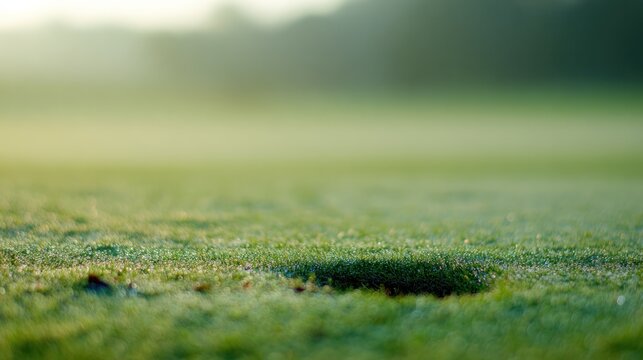 Fresh divot mark on golf course turf with upturned grass and morning dew. real-estate listings, architecture portfolios, designed for interior renovation comparisons for interiors.