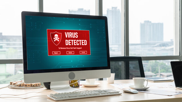 Virus warning alert on computer screen detected modish cyber threat , hacker, computer virus and malware - Powered by Adobe