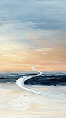 An abstract painting depicts a winding white path emerging from a sandy shore, flowing through dark blue ocean waves, and disappearing into a soft sky with hues