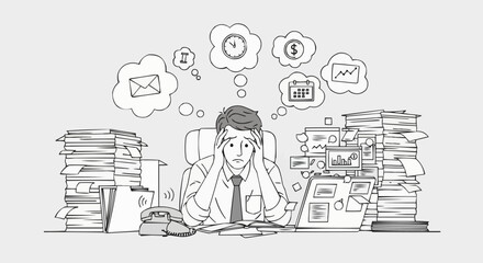 Overwhelmed businessman facing work stress and deadlines in office.
