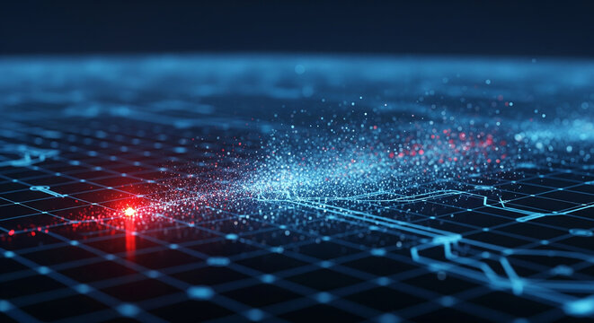 A futuristic data grid with a glowing red node, a perfect abstract concept for cybersecurity threats, network analysis, and modern technology - Powered by Adobe
