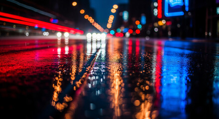 A long-exposure shot of a wet city street at night with colorful light trails from traffic, a perfect atmospheric concept for urban life