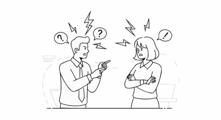 Man and Woman Arguing with Symbols of Conflict.