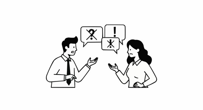 Two people engaged in a heated discussion with conflicting speech bubbles.