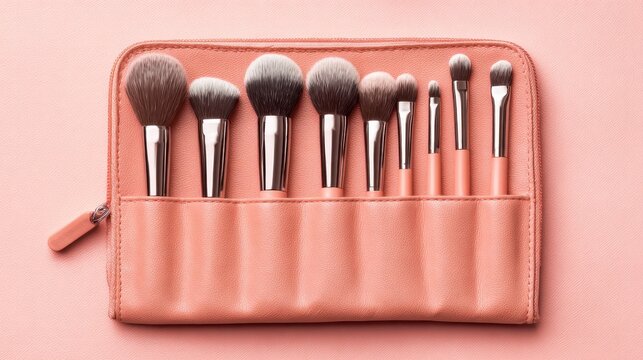 Open cosmetic bag with neatly arranged makeup brushes on pink background, lifestyle magazines, social media lookbooks, designed for lifestyle magazines and social media content.
