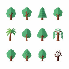 Fototapeta premium Large set of diverse tree icons in a simple, flat design style. Includes palm, pine, deciduous, and bare trees with shadows for general use and maps.