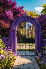 Fototapeta premium Portrait of purple gate on colorful garden background, beautiful architecture aesthetic concept