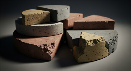 A concrete pie chart made of different colored segments, a perfect concept for analyzing market share, data visualization, and business statistics