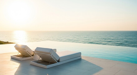Two luxurious lounge chairs by an infinity pool overlooking a calm ocean at sunset, a perfect scene for a romantic, tranquil, and high-end vacation