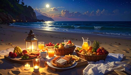 night beach picnic soft lanterns moonlit reflections fresh fruits sandwiches pastries drinks quiet shoreline peaceful atmosphere gentle breeze soothing ambience natural textures warm glow tranquil