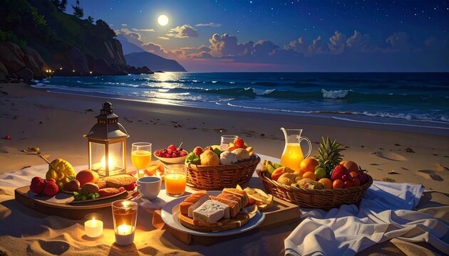night beach picnic soft lanterns moonlit reflections fresh fruits sandwiches pastries drinks quiet shoreline peaceful atmosphere gentle breeze soothing ambience natural textures warm glow tranquil - Powered by Adobe