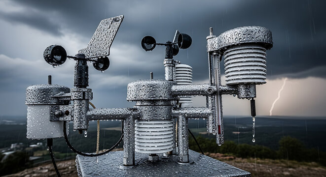 Weather station equipment covered in raindrops with a lightning strike visible in the distance under a stormy sky.