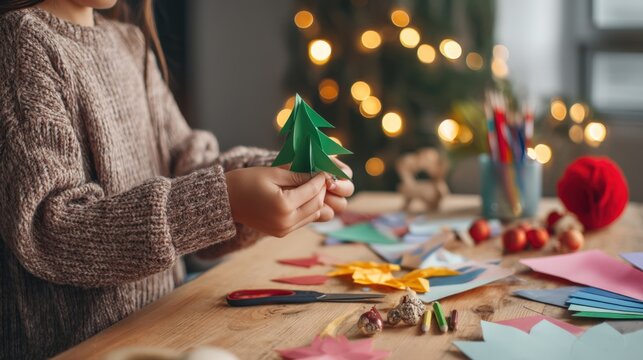 Child creating festive paper crafts, holding a green paper tree, surrounded by colorful cutouts and crafting supplies, with warm holiday lights in the background, showcasing creativity and joy