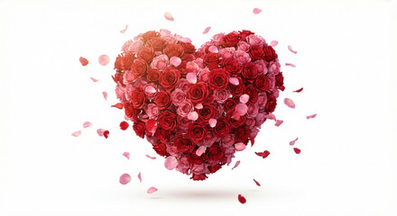 Heart shape made of red roses and petals floating in air isolated on white background for Valentine's Day