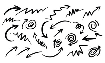 Set of hand drawn arrows, doodle style pointers isolated on