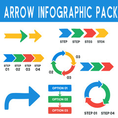 Arrow Infographic Pack: A versatile and visually engaging collection of arrows in various styles and layouts, ideal for illustrating steps, processes, and options in a clear and concise manner.