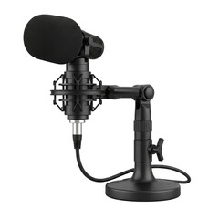 Black condenser microphone on adjustable stand isolated on transparent background