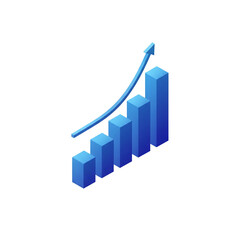 Blue 3d bar graph with upward trend arrow isolated on transparent background