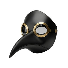 Black plague doctor mask with gold goggles isolated on transparent background