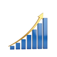 Blue bar graph with upward arrow isolated on transparent background