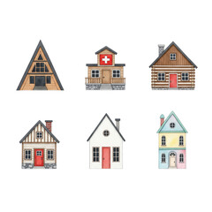 Collection of six charming watercolor houses isolated on transparent background