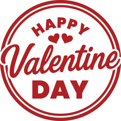 A festive red circular stamp design with the words Happy Valentine Day and two hearts, isolated on a white background.