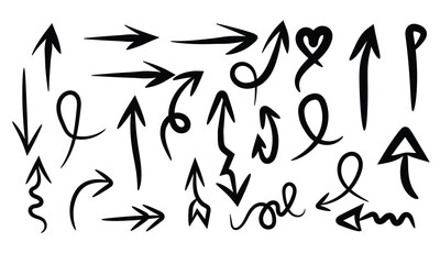 Hand drawn arrows collection, black direction sketch isolated on
