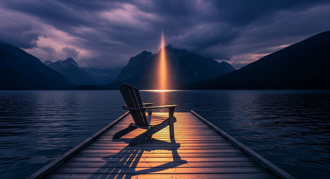 A lone chair on a wooden dock facing a serene lake and mountains at dusk, a perfect concept for peace, solitude, contemplation, and finding clarity