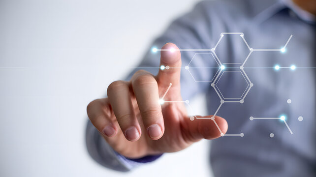 Hand touching glowing data network