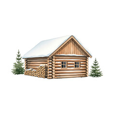 Cozy winter log cabin with snowy roof isolated on transparent background