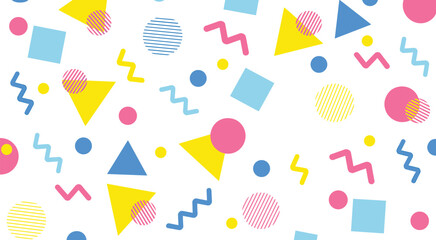 Colorful geometric retro pattern with abstract shapes including circles squares triangles and zigzags, playful seamless background design for modern decor