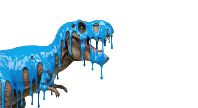 Tyrannosaurus Rex dinosaur covered in thick blue dripping paint isolated on white background