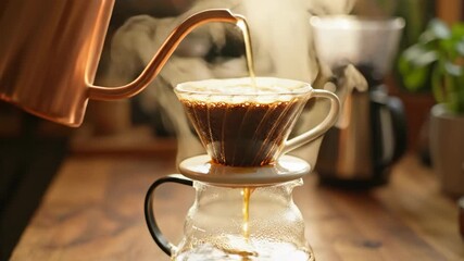 Detailed close-up of hot water being poured from a copper gooseneck kettle into a pour-over coffee dripper, brewing rich coffee into a glass carafe. Steam rises, indicating a fresh brew.