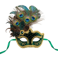 Ornate peacock feather masquerade mask isolated on transparent background