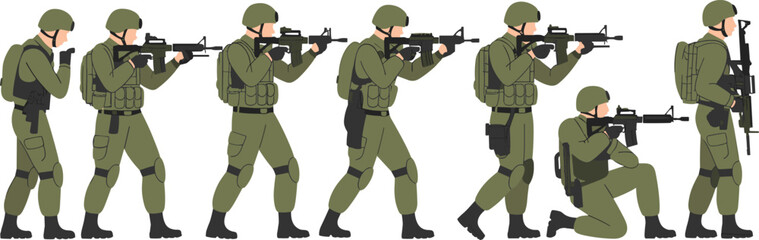 Military soldiers tactical movement illustration showing armed troops in combat positions, modern infantry poses, army training sequence, battlefield operation concept
